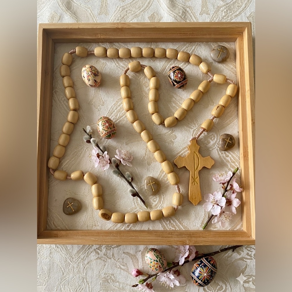 Authentic Olive Wood Rosary Beads with Chi-Rho Cross Monogram NIB